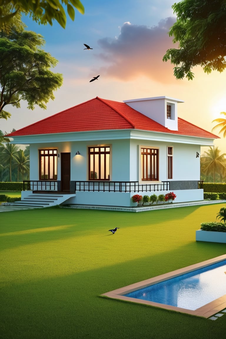 Capture the serene beauty of a 4K masterpiece: a stunning sunrise scene on a picturesque residential plot. A 1bhk constructed house stands tall amidst lush green grass, its white walls and red roof blending harmoniously with nature's canvas. Birds fly freely in the sky as the sun rises, casting warm cinematic lighting on the landscape. Vivid colors dance across the dramatic sky, where clouds take shape in a breathtaking display of realism.