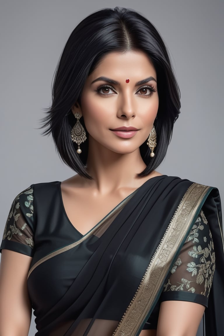 create a hyper realistic vertical photo of Indian most attractive woman in her 30s, Trendsetter wolf cut black hair, trending on artstation, portrait, digital art, modern, sleek, highly detailed, formal, determined, 36D ,  fairy tone, black transparent saree,  Sandra Bullock


