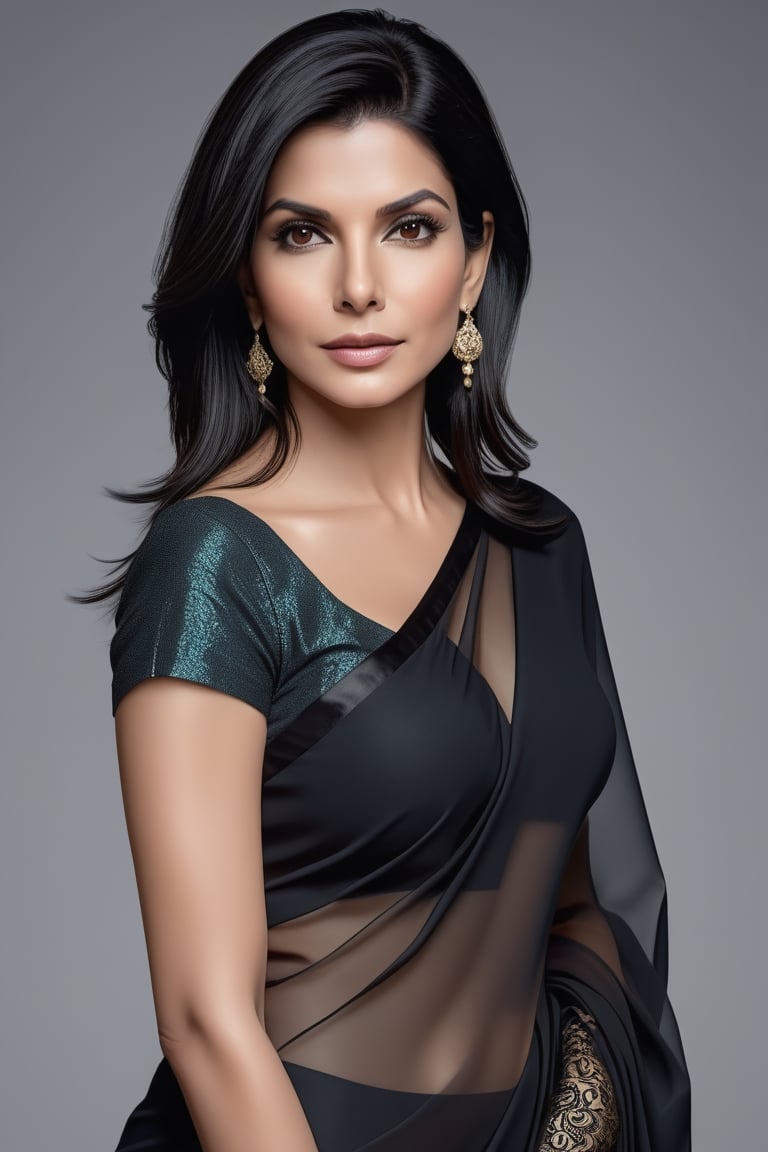 create a hyper realistic vertical photo of Indian most attractive woman in her 30s, Trendsetter wolf cut black hair, trending on artstation, portrait, digital art, modern, sleek, highly detailed, formal, determined, 36D ,  fairy tone, black transparent saree,  Sandra Bullock


