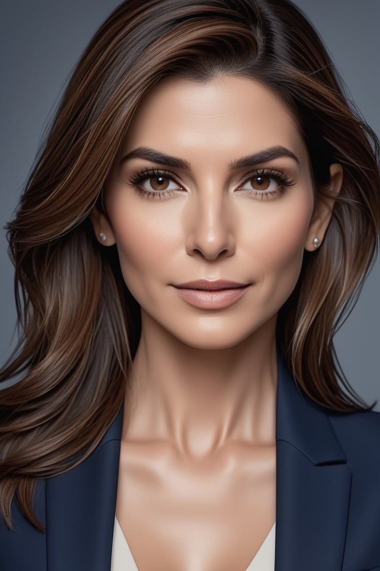 create a hyper realistic vertical photo of Indian most attractive woman in her 40s, ight brown hair, trending on artstation, portrait, digital art, modern, sleek, highly detailed, formal, determined, blue business suit, 36D ,  fairy tone, sandra bullock
