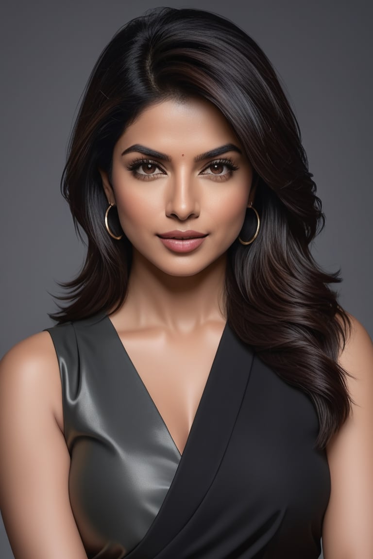 create a hyper realistic vertical photo of Indian most attractive woman in her 40s, Trendsetter wolf cut black hair, trending on artstation, portrait, digital art, modern, sleek, highly detailed, formal, determined, 36D ,  fairy tone, saree, Priyanka Chopra, navel show


