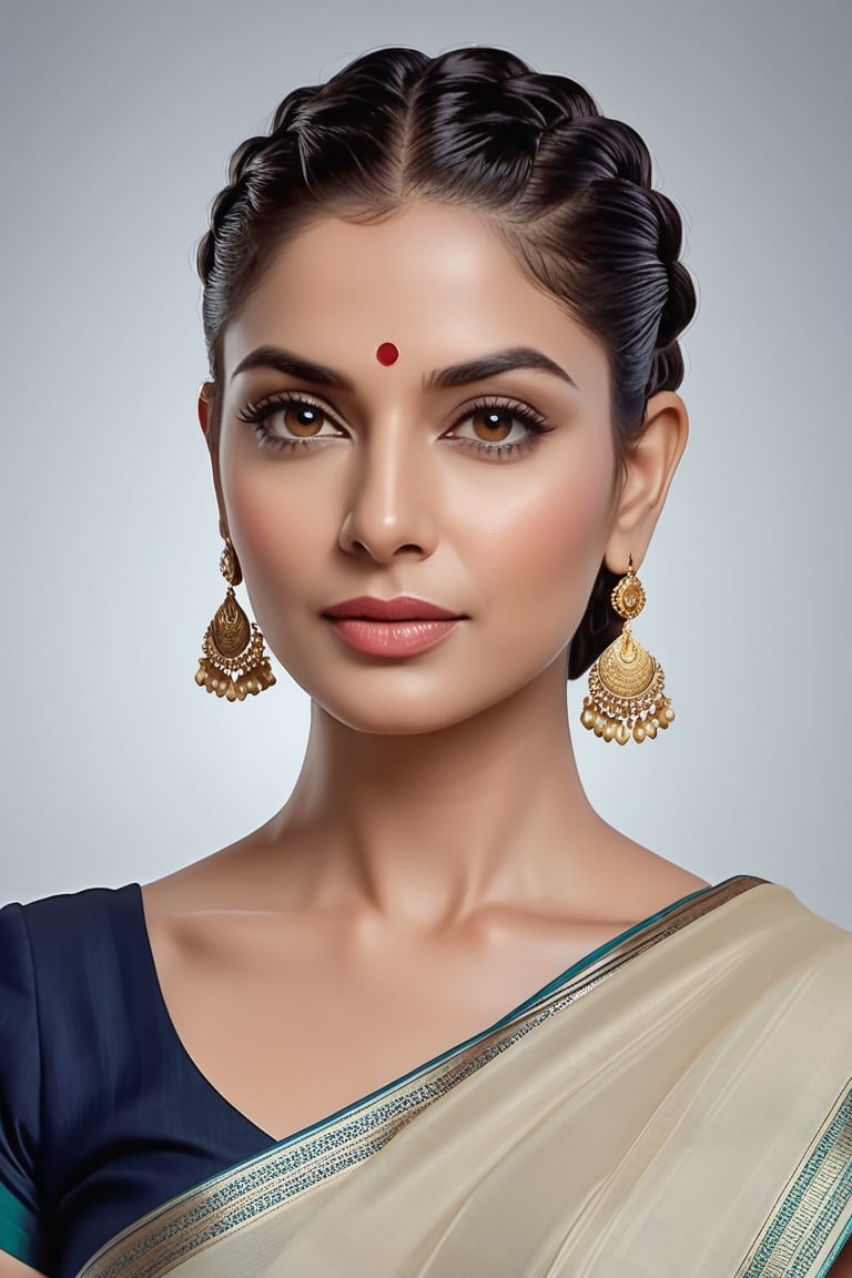 create a hyper realistic vertical photo of Indian most attractive woman in her 50s,  Cornrows hair,  trending on artstatio...