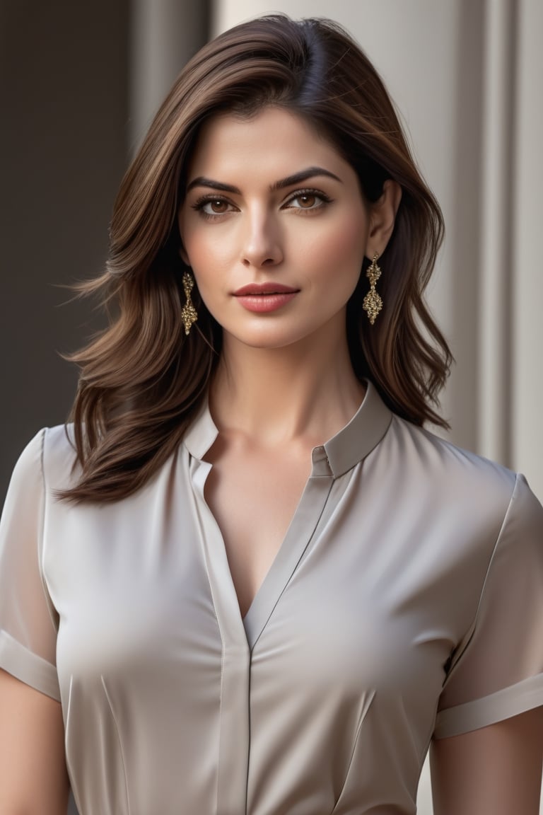 craft a hyper realistic vertical photo of Indian most attractive serious woman in her 30s in sun-shirt Dresses, trending on artstation, portrait, digital art, modern, sleek, highly detailed, formal, serious, determined, CEO, colorized, smooth, charming, pretty, soft smile, soft lips, black eyes, Trendsetter wolf cut brown hair, anne hathway,