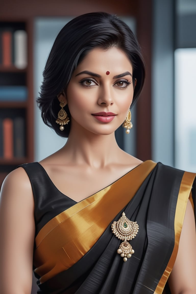 create a hyper realistic vertical photo of Indian most attractive woman in her 40s, Trendsetter wolf cut black hair, trending on artstation, portrait, digital art, modern, sleek, highly detailed, formal, determined, wearing saree, no blouse, in luxurious office, 36D , fairy tone, fair skin, flirty gaze, anne hathway