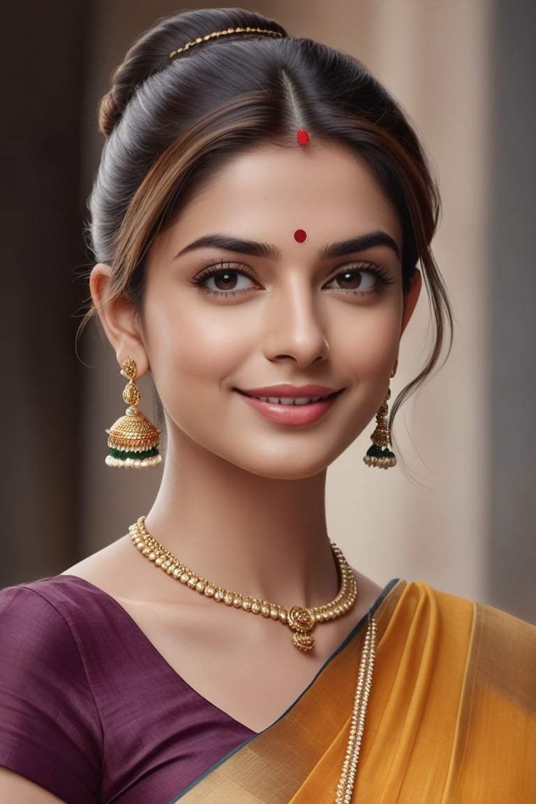 create a hyper realistic vertical photo of Indian most attractive happy woman in her 20s,  bun hair,  trending on artstati...