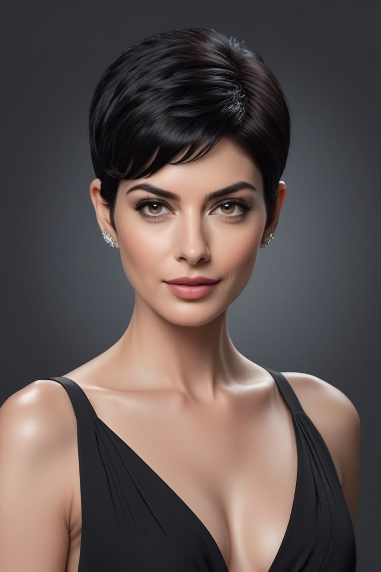 create a hyper realistic vertical photo of Indian most attractive woman in her 40s,  Trendsetter wolf cut black hair,  tre...