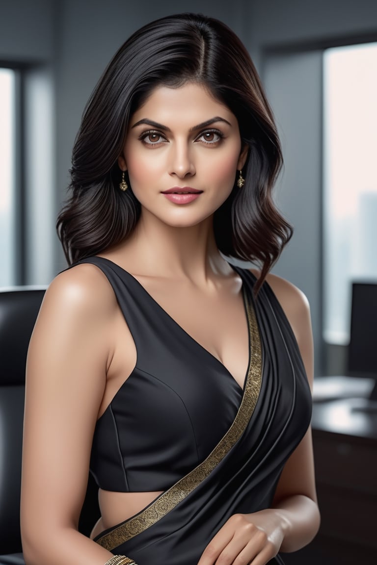 create a hyper realistic vertical photo of Indian most attractive woman in her 40s, Trendsetter wolf cut black hair, trending on artstation, portrait, digital art, modern, sleek, highly detailed, formal, determined, wearing saree, in luxurious office, 36D , fairy tone, fair skin, flirty gaze, Alexandra Daddario