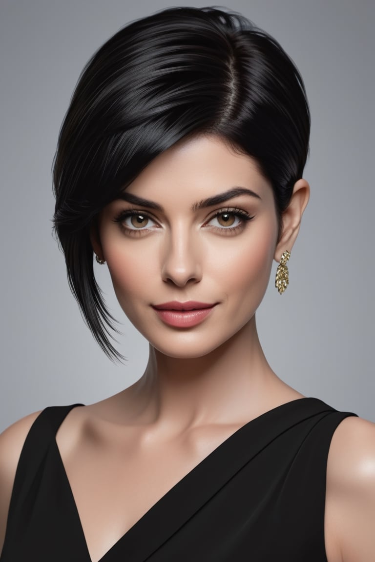 create a hyper realistic vertical photo of Indian most attractive woman in her 40s,  Trendsetter wolf cut black hair,  tre...