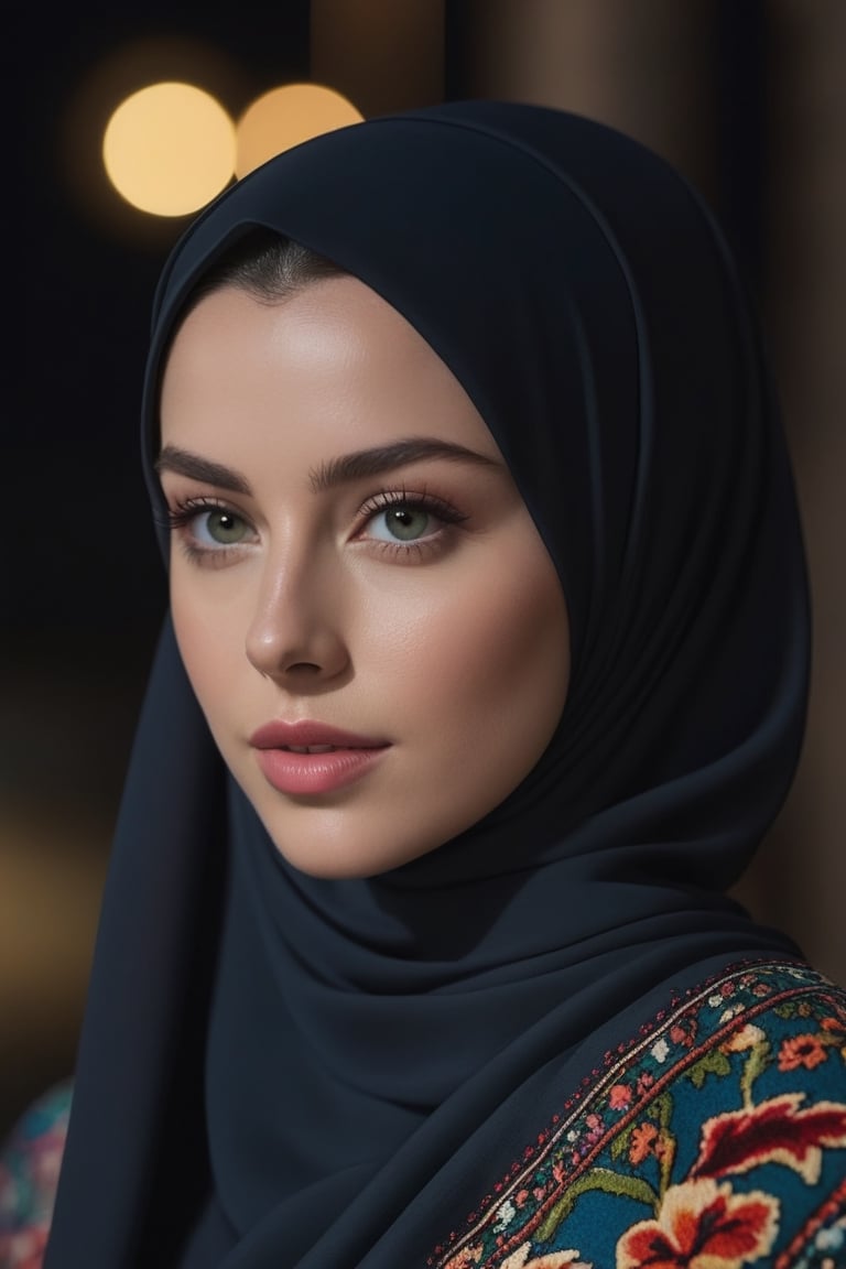 Close up, Lana Rhoades woman, hijab , wearing floral hijab, wearing Surf fitness training wearing Blouse, (persian rug), at night, dark theme, award-winning, professional, highly detailed . shallow depth of field, highly detailed, high budget , gorgeous, film grain, grainy, realistic