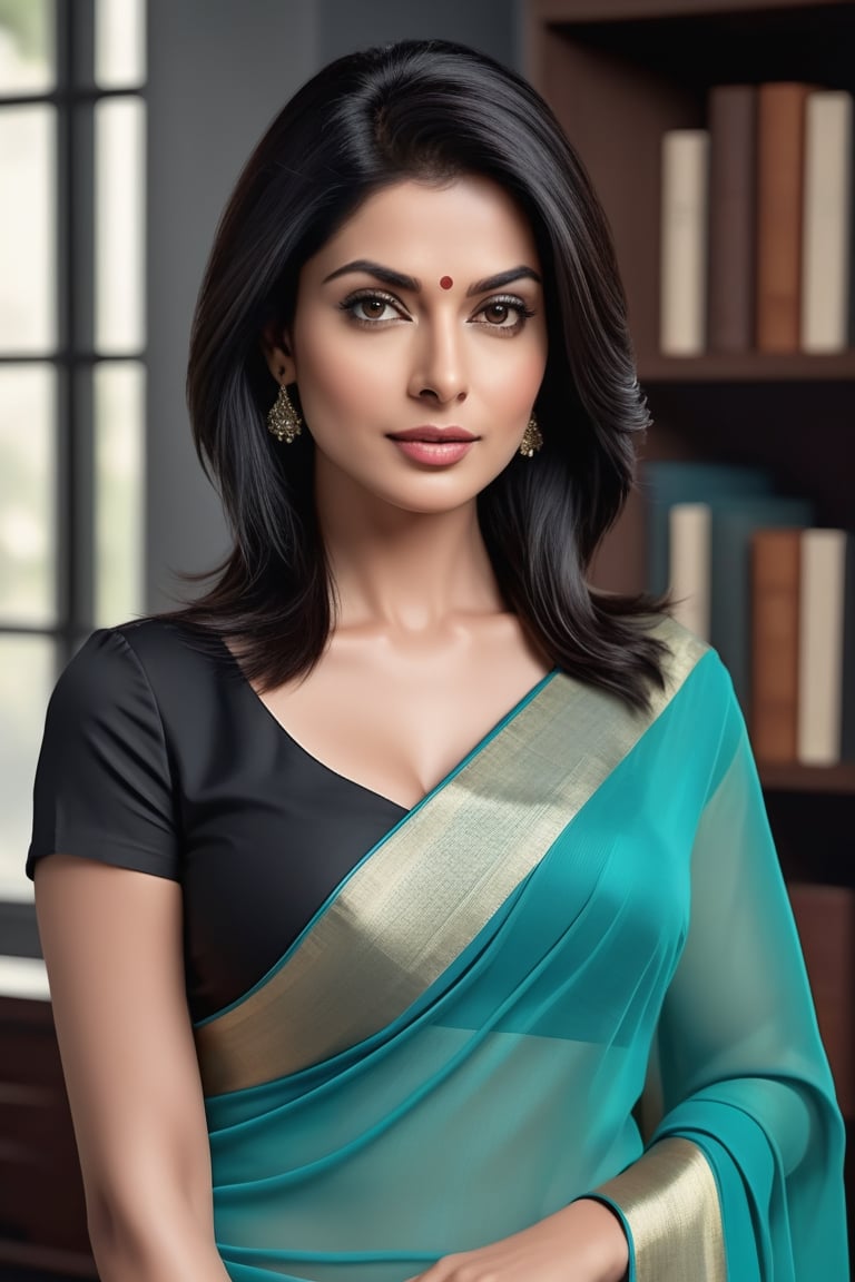 create a hyper realistic vertical photo of Indian most attractive woman in her 40s, Trendsetter wolf cut black hair, trending on artstation, portrait, digital art, modern, sleek, highly detailed, formal, determined, wearing saree, no blouse, in luxurious office, 36D , fairy tone, fair skin, flirty gaze, anne hathway