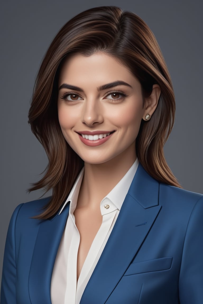 create a hyper realistic vertical photo of Indian most attractive happy woman in her 30s, Trendsetter wolf cut brown hair, trending on artstation, portrait, digital art, modern, sleek, highly detailed, formal, determined, blue business suit, Anne hathway,