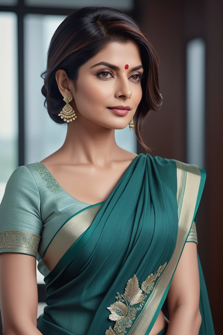 create a hyper realistic vertical photo of Indian most attractive woman in her 50s,  Trendsetter wolf cut hair,  trending...