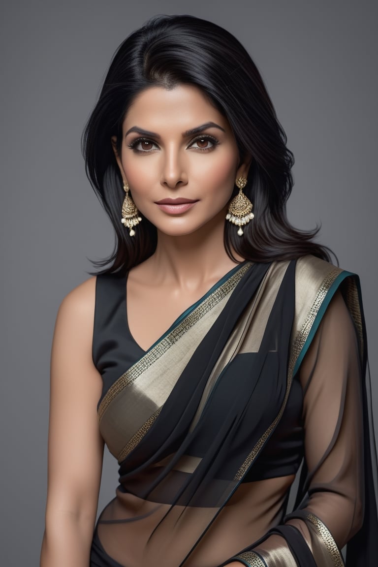 create a hyper realistic vertical photo of Indian most attractive woman in her 30s, Trendsetter wolf cut black hair, trending on artstation, portrait, digital art, modern, sleek, highly detailed, formal, determined, 36D ,  fairy tone, black transparent saree,  Sandra Bullock


