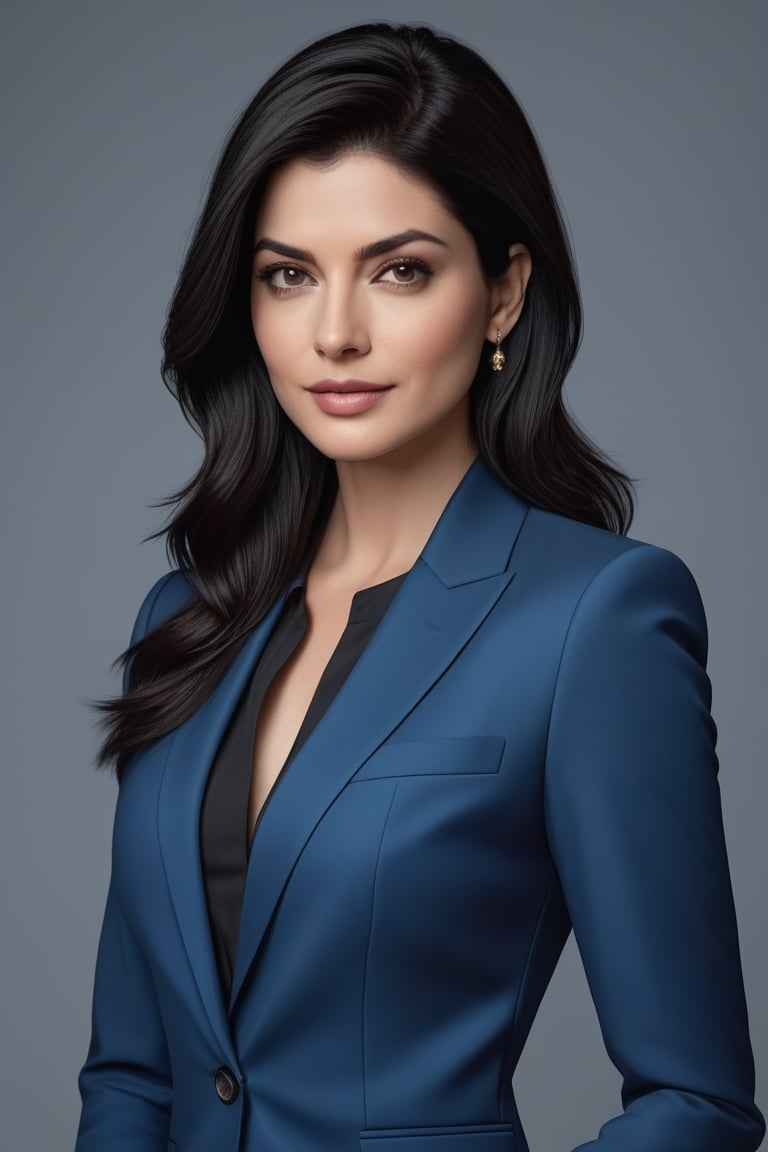 create a hyper realistic vertical photo of Indian most attractive woman in her 40s, Trendsetter wolf cut black hair, , trending on artstation, portrait, digital art, modern, sleek, highly detailed, formal, determined, blue business suit, 36D ,  fairy tone, fair skin, anne hathway
