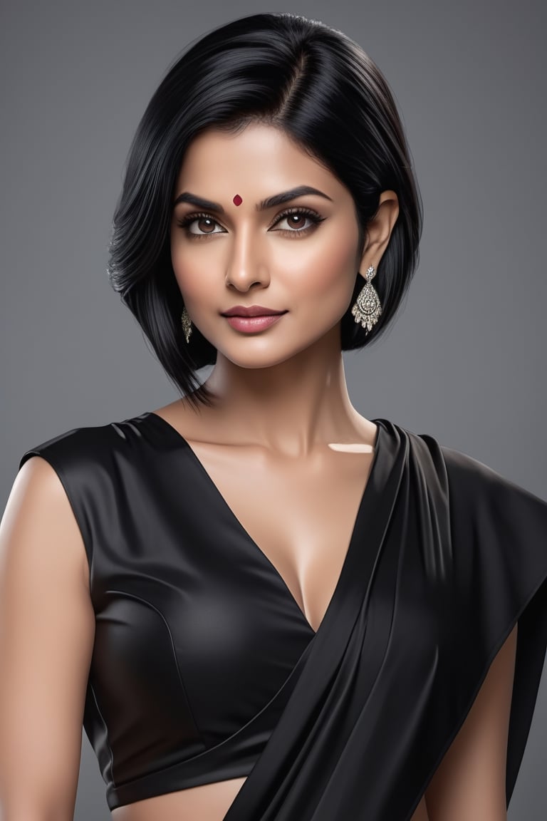 create a hyper realistic vertical photo of Indian most attractive woman in her 40s, Trendsetter wolf cut black hair, trending on artstation, portrait, digital art, modern, sleek, highly detailed, formal, determined, 36D ,  fairy tone, saree, navel show, Evangeline Lillyr, 


