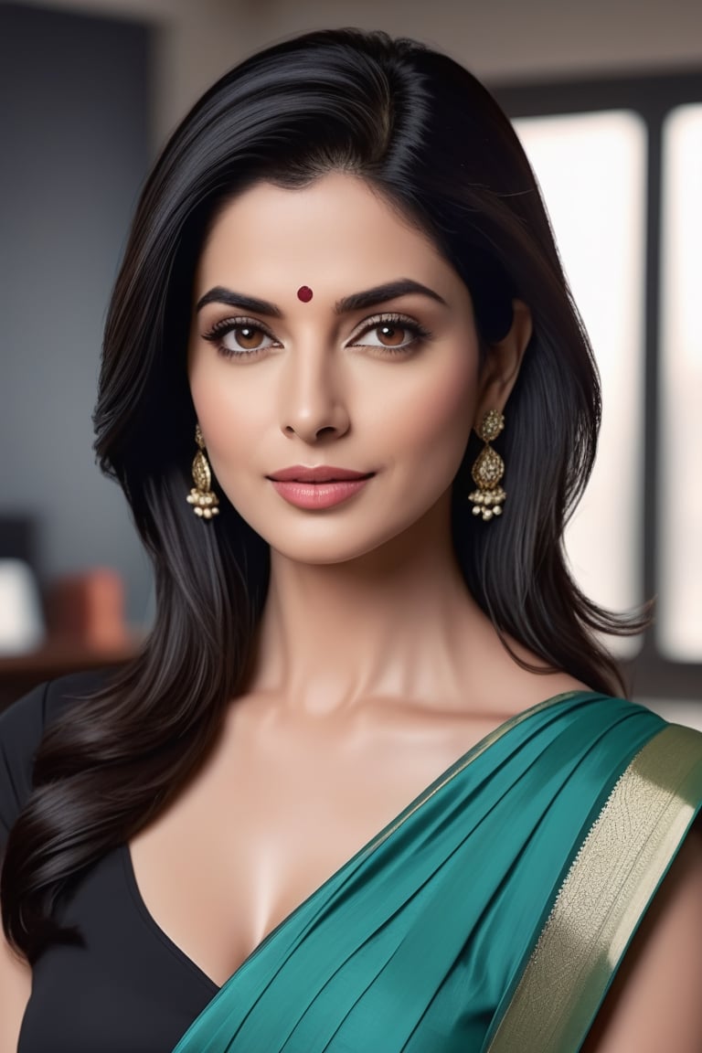 create a hyper realistic vertical photo of Indian most attractive woman in her 50s,  Trendsetter wolf cut black hair,  tre...