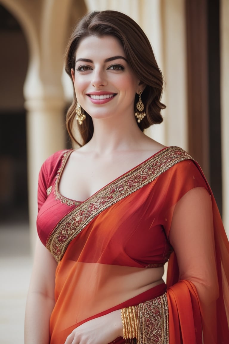 a breathtakingly happy beautiful Lebanon woman Anne hathway, saree, 36D, plus size brest, navel show, perfect symmetric eyes, natural skin texture, hyperrealism, soft light, sharp, 8k hdr, dslr, high contrast, cinematic lighting, high quality, film grain, Fujifilm XT3