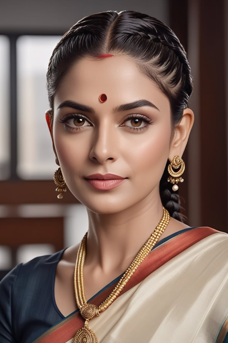 create a hyper realistic vertical photo of Indian most attractive woman in her 50s,  Cornrows hair,  trending on artstatio...