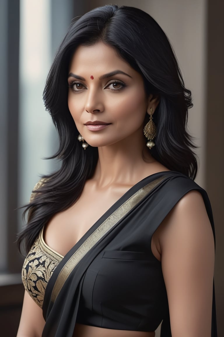 create a hyper realistic vertical photo of Indian most attractive woman in her 40s, Trendsetter wolf cut black hair, trending on artstation, portrait, digital art, modern, sleek, highly detailed, formal, determined, 36D ,  fairy tone, saree, Michelle Pfeiffer, navel show


