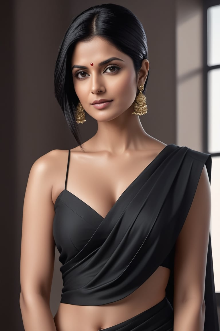 create a hyper realistic vertical photo of Indian most attractive woman in her 40s, Trendsetter wolf cut black hair, trending on artstation, portrait, digital art, modern, sleek, highly detailed, formal, determined, 36D ,  fairy tone, saree, navel show, Emma Charlotte Duerre Watson


