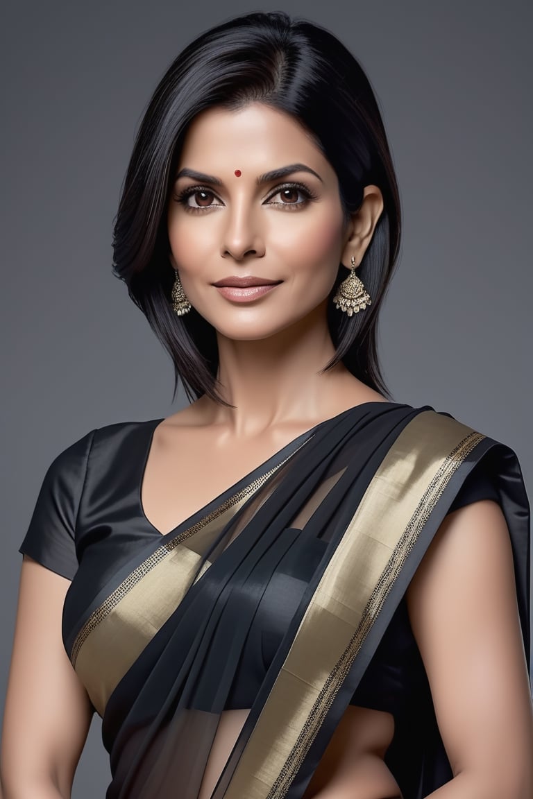 create a hyper realistic vertical photo of Indian most attractive woman in her 40s, Trendsetter wolf cut black hair, trending on artstation, portrait, digital art, modern, sleek, highly detailed, formal, determined, 36D ,  fairy tone, transparent saree,  Sandra Bullock, happy_face


