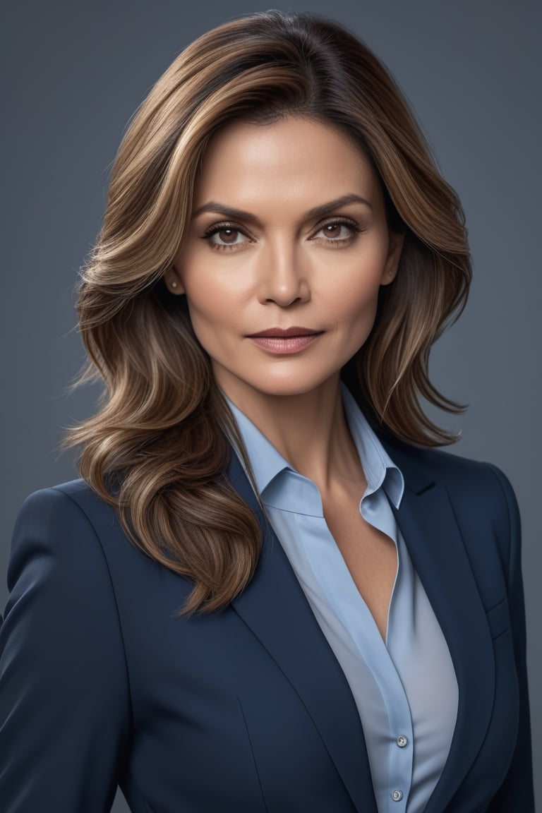 create a hyper realistic vertical photo of Indian most attractive woman in her 40s, ight brown hair, trending on artstation, portrait, digital art, modern, sleek, highly detailed, formal, determined, blue business suit, 36D ,  fairy tone, Michelle Pfeiffer
