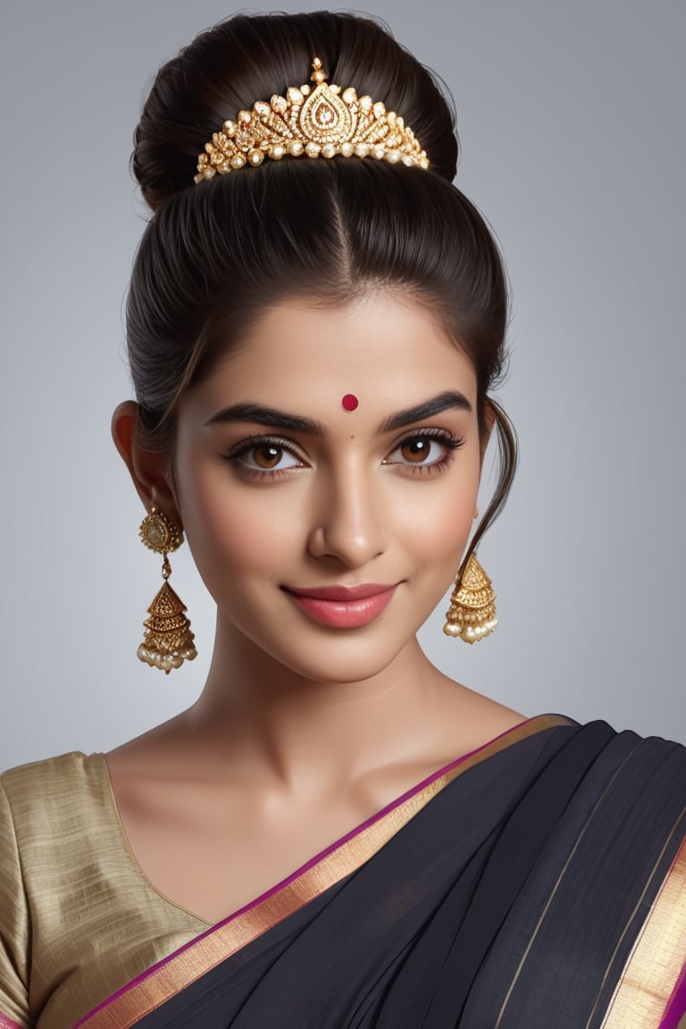 create a hyper realistic vertical photo of Indian most attractive happy woman in her 20s,  bun hair,  trending on artstati...