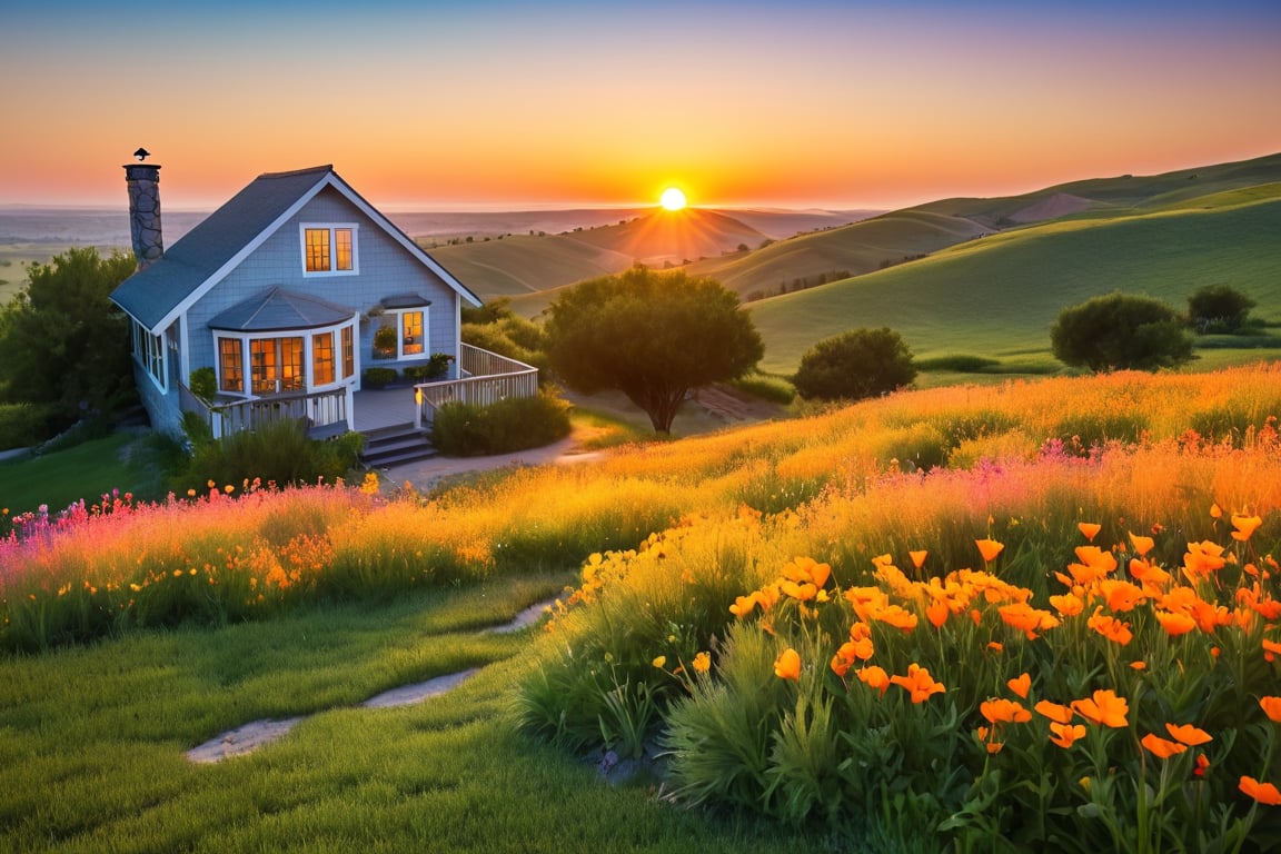 Capture a breathtaking 4K resolution sunrise scene of a serene residential plot, featuring a beautifully constructed one-bedroom house surrounded by lush green grass and vibrant wildflowers. In the clear blue sky, birds take flight as the sun rises majestically, casting warm golden light on the landscape. The atmospheric lighting enhances the vivid colors of the scenery, with a dramatic gradient of oranges, yellows, and pinks painting the horizon.