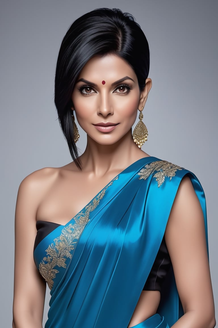 create a hyper realistic vertical photo of Indian most attractive woman in her 40s, Trendsetter wolf cut black hair, trending on artstation, portrait, digital art, modern, sleek, highly detailed, formal, determined, 36D ,  fairy tone, blue saree, gym dress, Sandra Bullock


