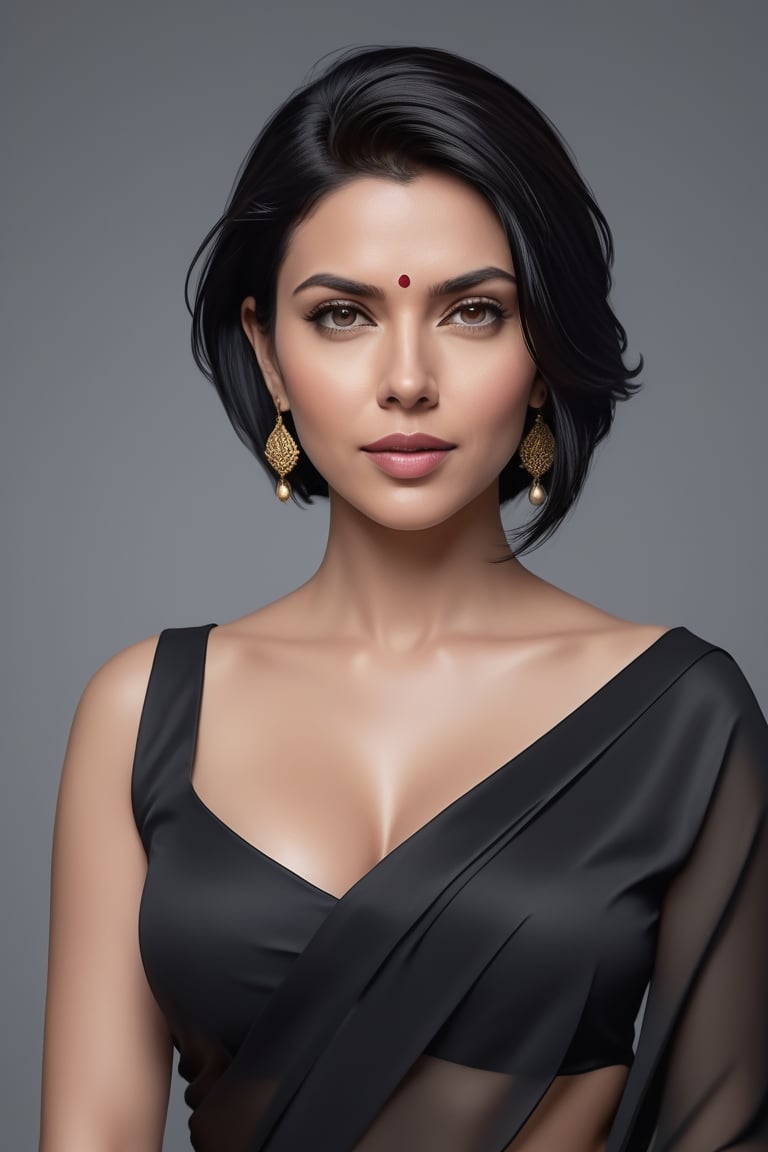 create a hyper realistic vertical photo of Indian most attractive woman in her 40s, Trendsetter wolf cut black hair, trending on artstation, portrait, digital art, modern, sleek, highly detailed, formal, determined, 36D ,  fairy tone, saree, navel show, Scarlett Ingrid Johansson


