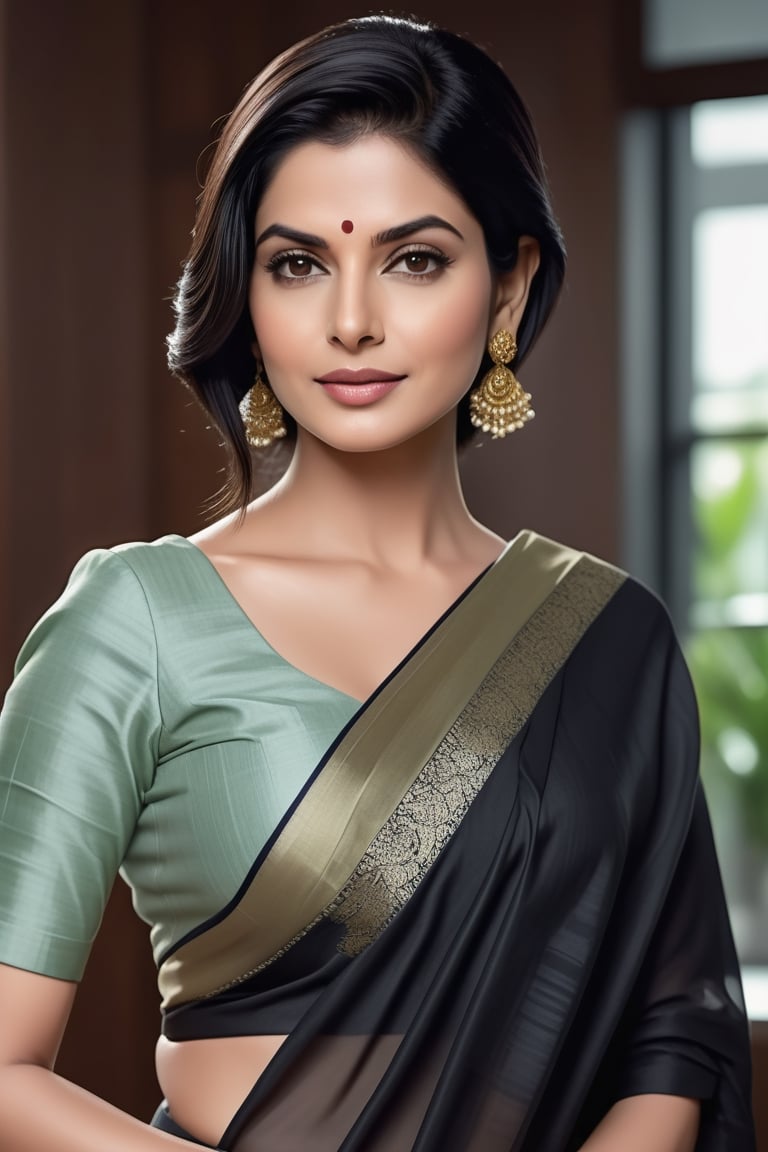 create a hyper realistic vertical photo of Indian most attractive woman in her 40s,  Trendsetter wolf cut black hair,  tre...