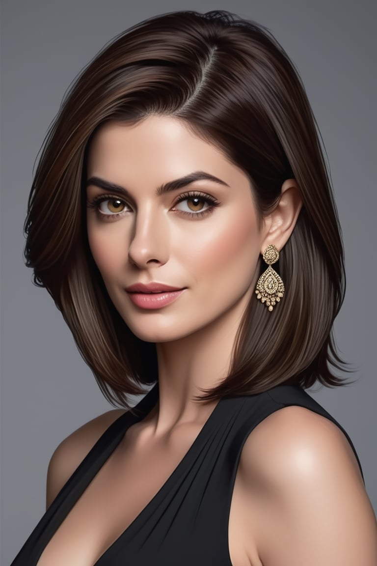 create a hyper realistic vertical photo of Indian most attractive woman in her 40s, Trendsetter wolf cut hair, trending on artstation, portrait, digital art, modern, sleek, highly detailed, formal, determined, meditation anne hathway