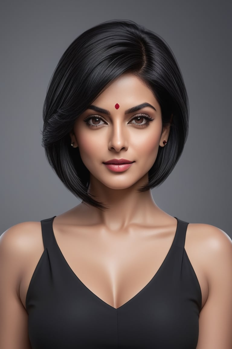 create a hyper realistic vertical photo of Indian most attractive woman in her 40s, Trendsetter wolf cut black hair, trending on artstation, portrait, digital art, modern, sleek, highly detailed, formal, determined, 36D ,  fairy tone,  salman  khan