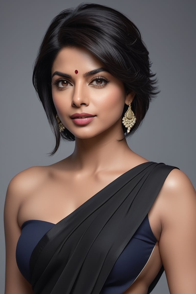 create a hyper realistic vertical photo of Indian most attractive woman in her 40s, Trendsetter wolf cut black hair, trending on artstation, portrait, digital art, modern, sleek, highly detailed, formal, determined, 36D ,  fairy tone, saree, Priyanka Chopra, navel show


