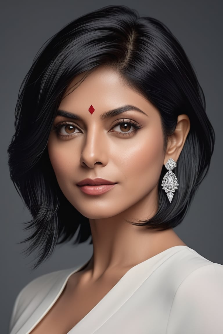 create a hyper realistic vertical photo of Indian most attractive woman in her 40s, Trendsetter wolf cut black hair, trending on artstation, portrait, digital art, modern, sleek, highly detailed, formal, determined, 36D ,  fairy tone, sharrukh khan