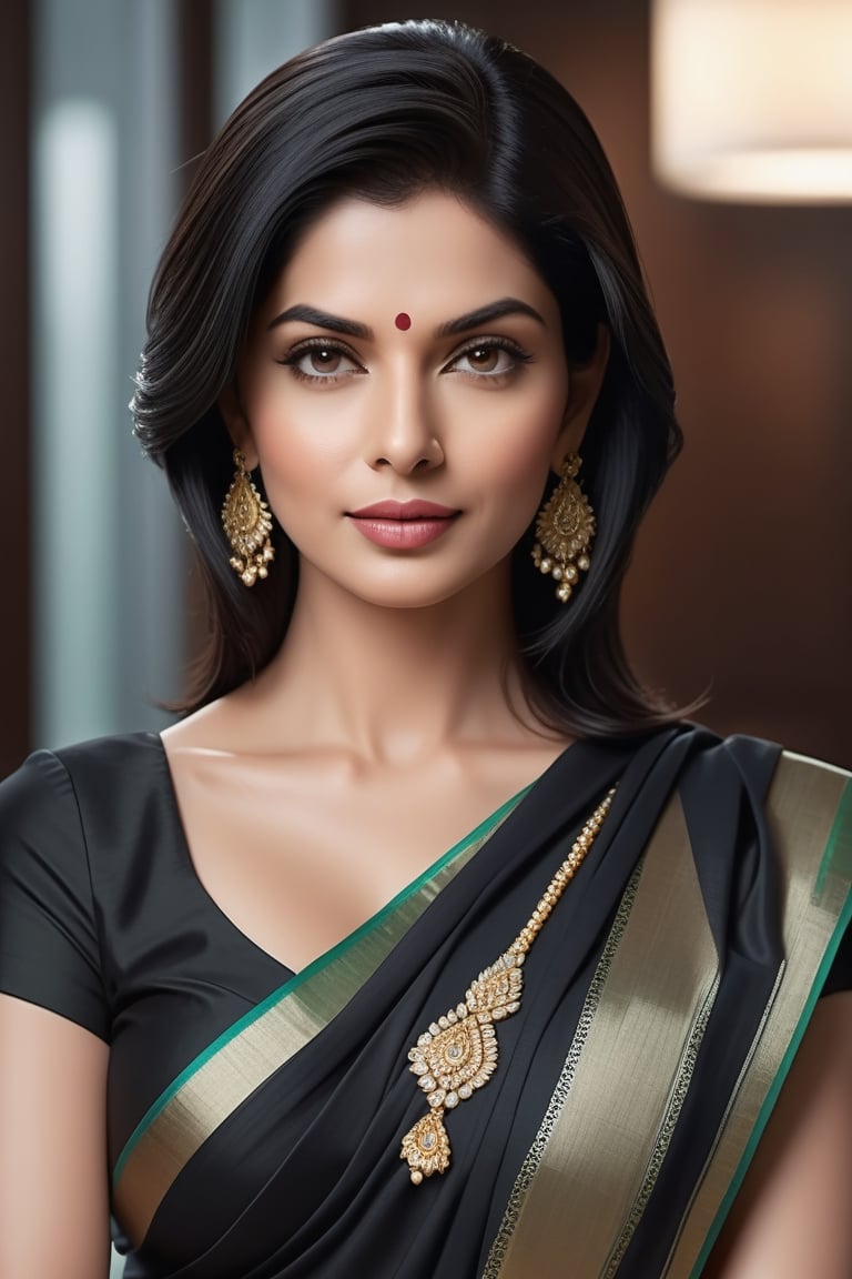 create a hyper realistic vertical photo of Indian most attractive woman in her 40s,  Trendsetter wolf cut black hair,  tre...