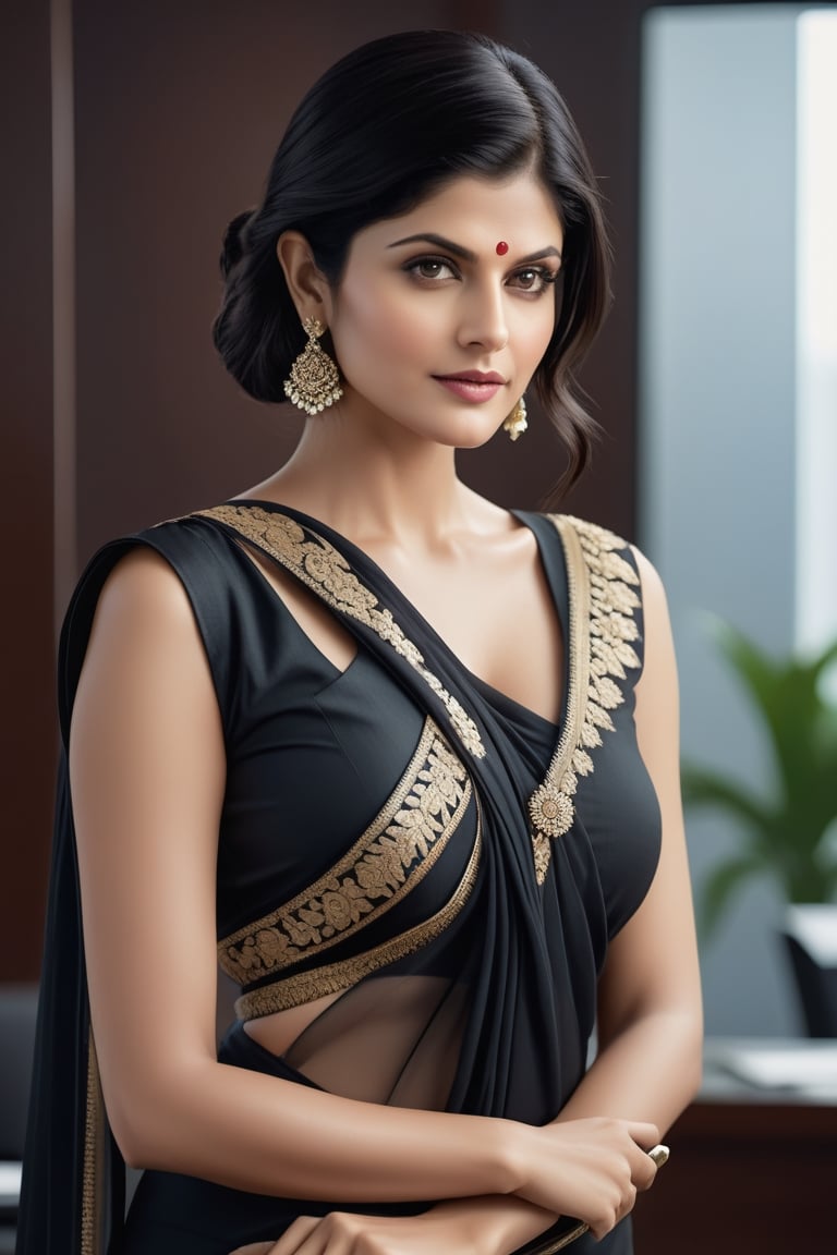 create a hyper realistic vertical photo of Indian most attractive woman in her 40s, Trendsetter wolf cut black hair, trending on artstation, portrait, digital art, modern, sleek, highly detailed, formal, determined, wearing saree, in luxurious office, 36D , fairy tone, fair skin, flirty gaze, Alexandra Daddario