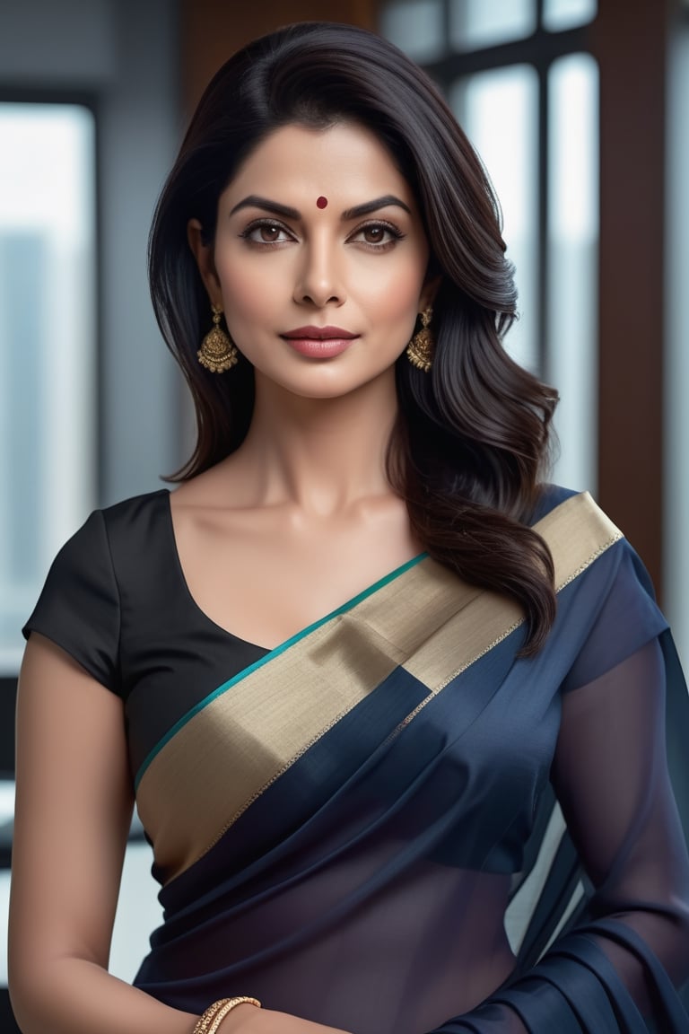 create a hyper realistic vertical photo of Indian most attractive woman in her 50s,  Trendsetter wolf cut black hair,  tre...