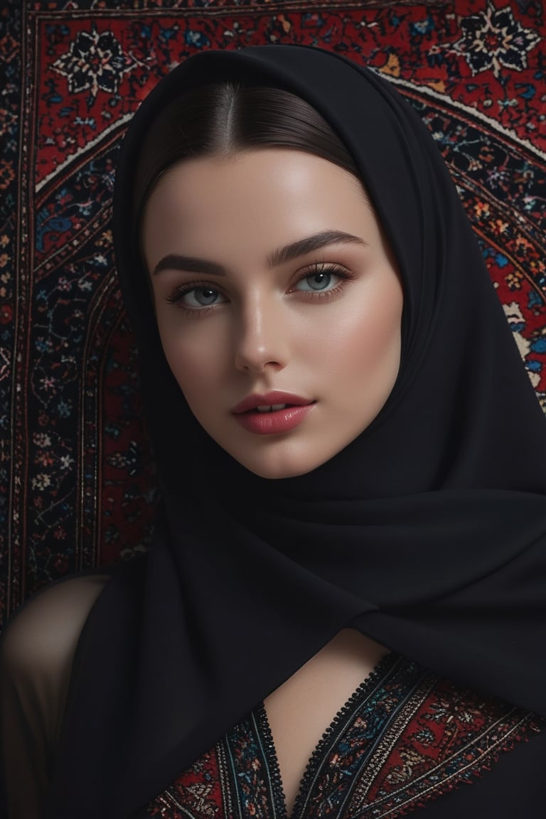 Close up, Lana Rhoades woman, hijab ,naked, big buttock, navel show, (persian rug), at night, dark theme, award-winning, professional, highly detailed . shallow depth of field, highly detailed, high budget , gorgeous, film grain, grainy, realistic