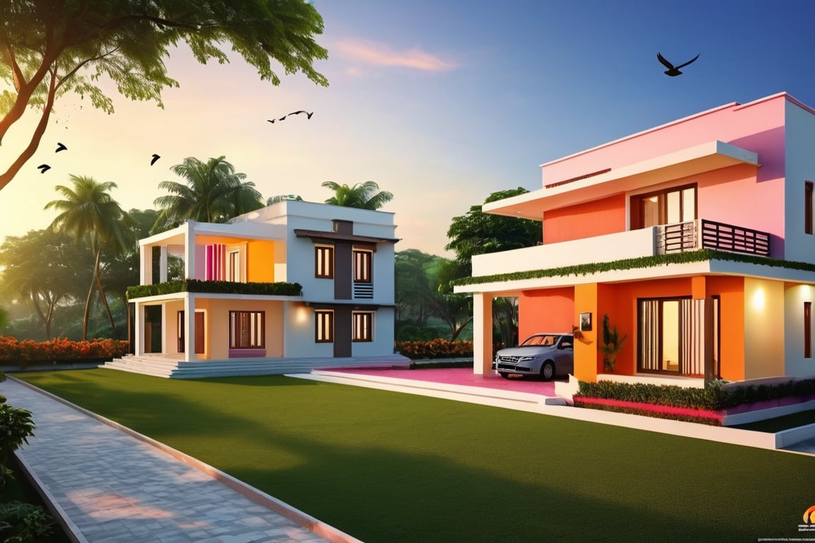 A majestic residential plot unfolds before us, boasting a 1bhk constructed house nestled among lush green grass swaying gently in the morning breeze. As the picturesque sunrise unfolds, birds take flight against the dramatic sky, their silhouettes etched against the vibrant hues of orange and pink. Cinematic lighting casts long shadows across the landscape, while vivid colors pop against the serene atmosphere.