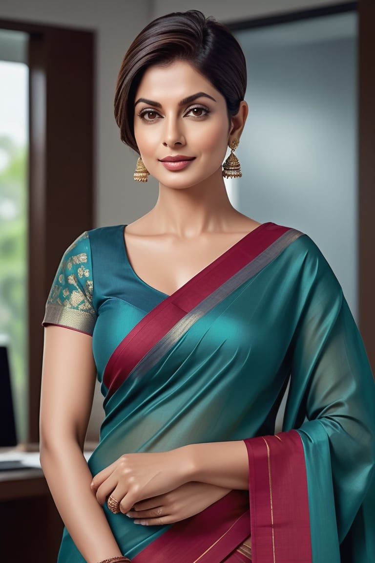 create a hyper realistic vertical photo of Indian most attractive woman in her 50s,  Trendsetter wolf cut hair,  trending...