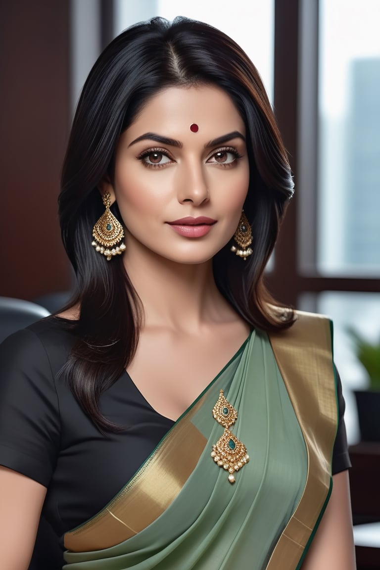 create a hyper realistic vertical photo of Indian most attractive woman in her 40s,  Trendsetter wolf cut black hair,  tre...