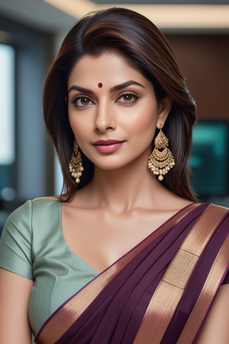 create a hyper realistic vertical photo of Indian most attractive woman in her 50s,  Trendsetter wolf cut hair,  trending...