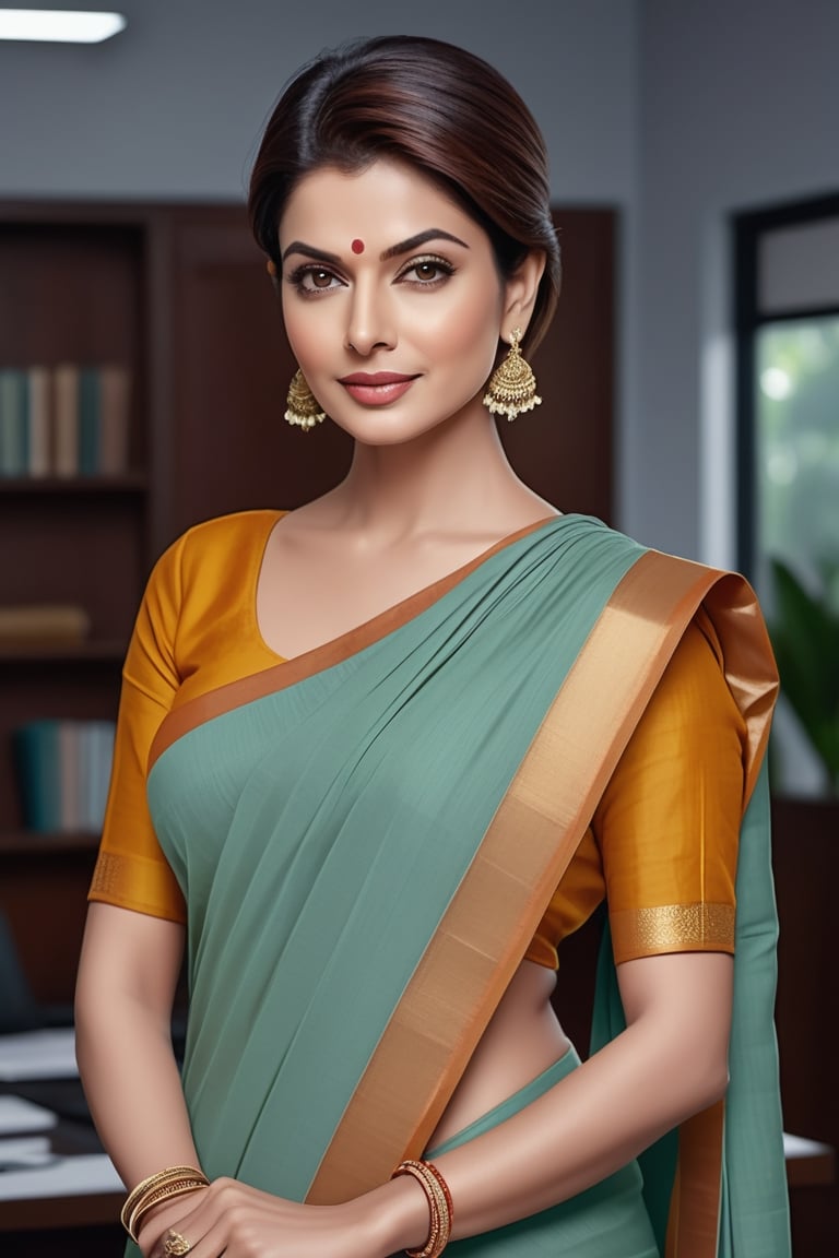 create a hyper realistic vertical photo of Indian most attractive woman in her 50s,  Trendsetter wolf cut hair,  trending...
