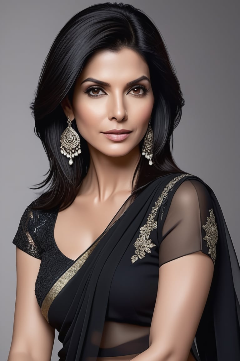 create a hyper realistic vertical photo of Indian most attractive woman in her 40s, Trendsetter wolf cut black hair, trending on artstation, portrait, digital art, modern, sleek, highly detailed, formal, determined, 36D ,  fairy tone, black transparent saree,  Sandra Bullock


