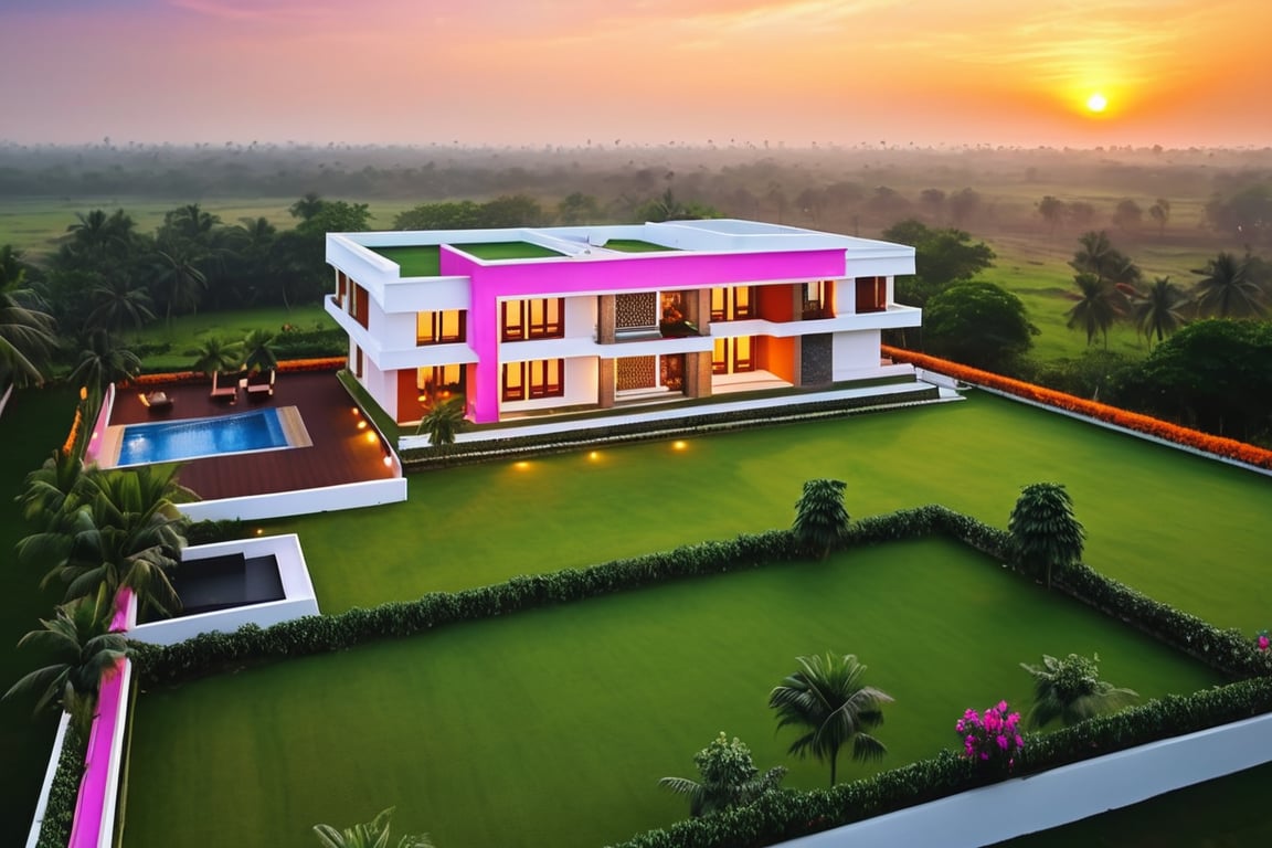 A majestic residential plot unfolds before us, boasting a 1bhk constructed house nestled among lush green grass swaying gently in the morning breeze. As the picturesque sunrise unfolds, birds take flight against the dramatic sky, their silhouettes etched against the vibrant hues of orange and pink. Cinematic lighting casts long shadows across the landscape, while vivid colors pop against the serene atmosphere.