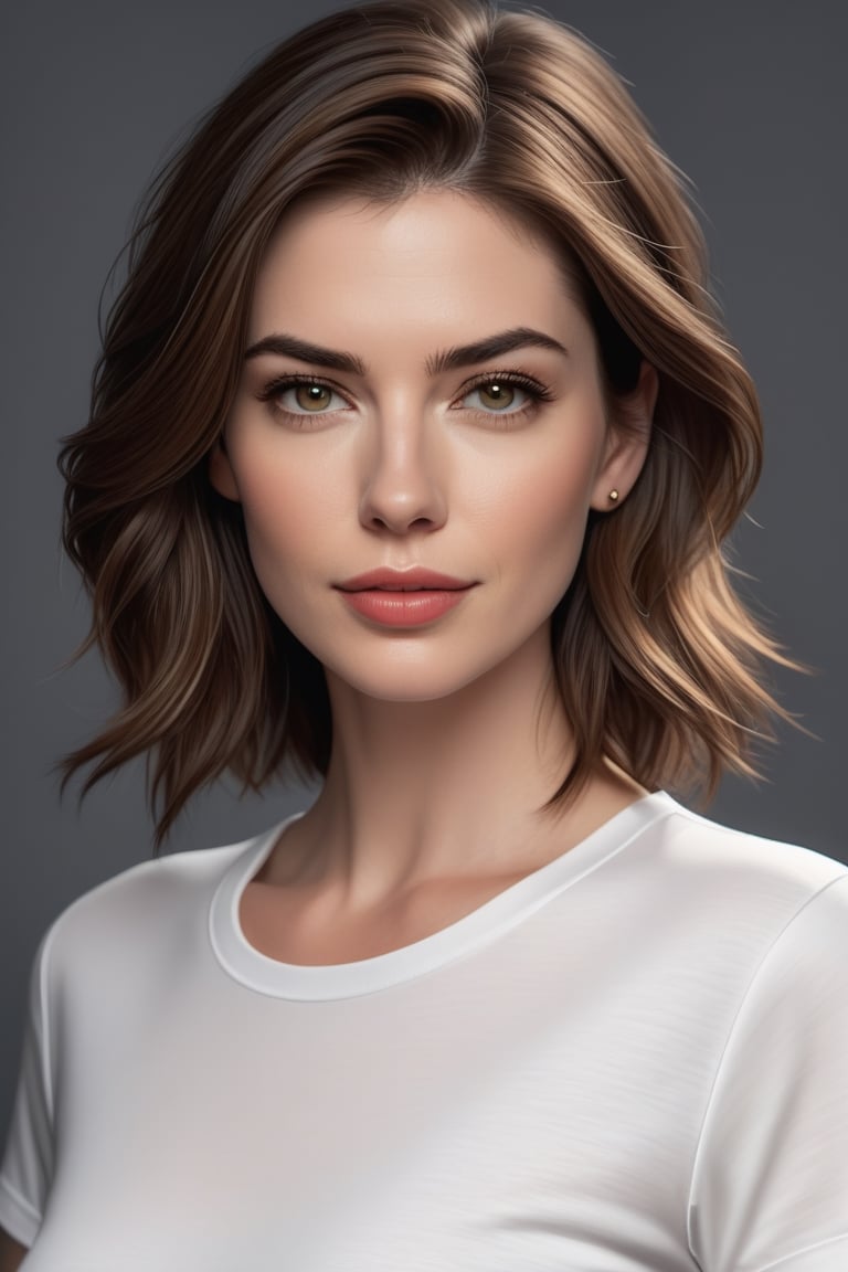 craft a hyper realistic vertical photo of most attractive serious woman in her 30s in T-shirt Dresses, trending on artstation, portrait, digital art, modern, sleek, highly detailed, formal, serious, determined, CEO, colorized, smooth, charming, pretty, soft smile, soft lips, black eyes, Trendsetter wolf cut brown hair, anne hathway,