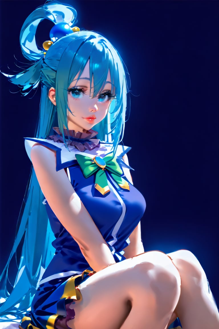 (masterpiece), best quality, solo, 1girl, blue_eyes, looking_at_viewer, eyelashes,sitting, lips, perfect face, makeup,aqua,Aqua,Aqua_(Konosuba),AQUA \(KONOSUBA\), blue hair ,dark background,LONG HAIR, HAIR ORNAMENT, VERY LONG HAIR, HAIR RINGS, SINGLE HAIR RING, HAIR BOBBLES,