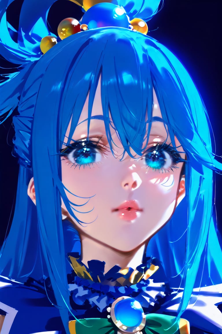 (masterpiece), best quality, solo, 1girl, blue_eyes, looking_at_viewer, eyelashes,upper_body, lips, makeup,aqua,Aqua,Aqua_(Konosuba),AQUA \(KONOSUBA\), blue hair ,dark background,LONG HAIR, HAIR ORNAMENT, VERY LONG HAIR, HAIR RINGS, SINGLE HAIR RING, HAIR BOBBLES,