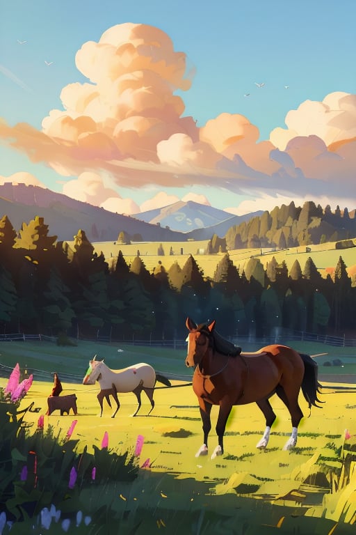 a ranch with horses,  beautiful detailed horses,  beautiful detailed ranch by NoisyMarry on Tensor.Art